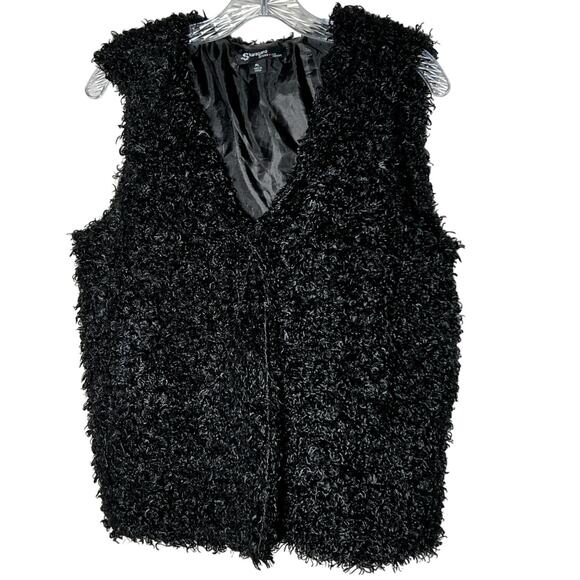 Sharagano Studio Fuzzy Black Vest Petite Large with Hood and Pockets - Picture 1 of 6
